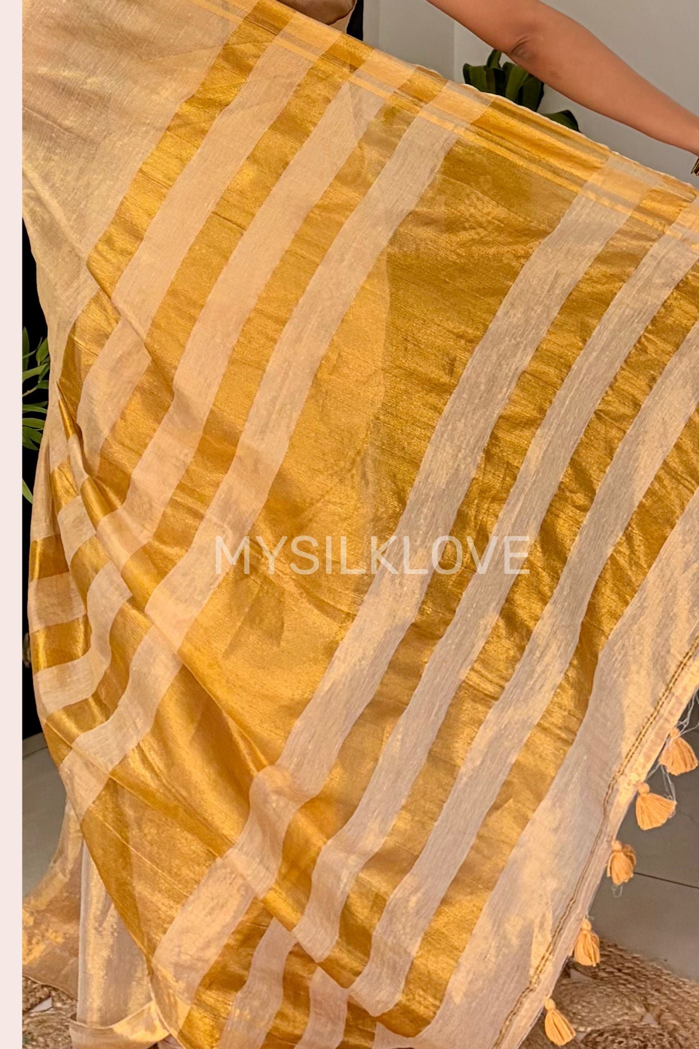 Buy MySilkLove Butter Cream Tissue Woven Silk Saree Online