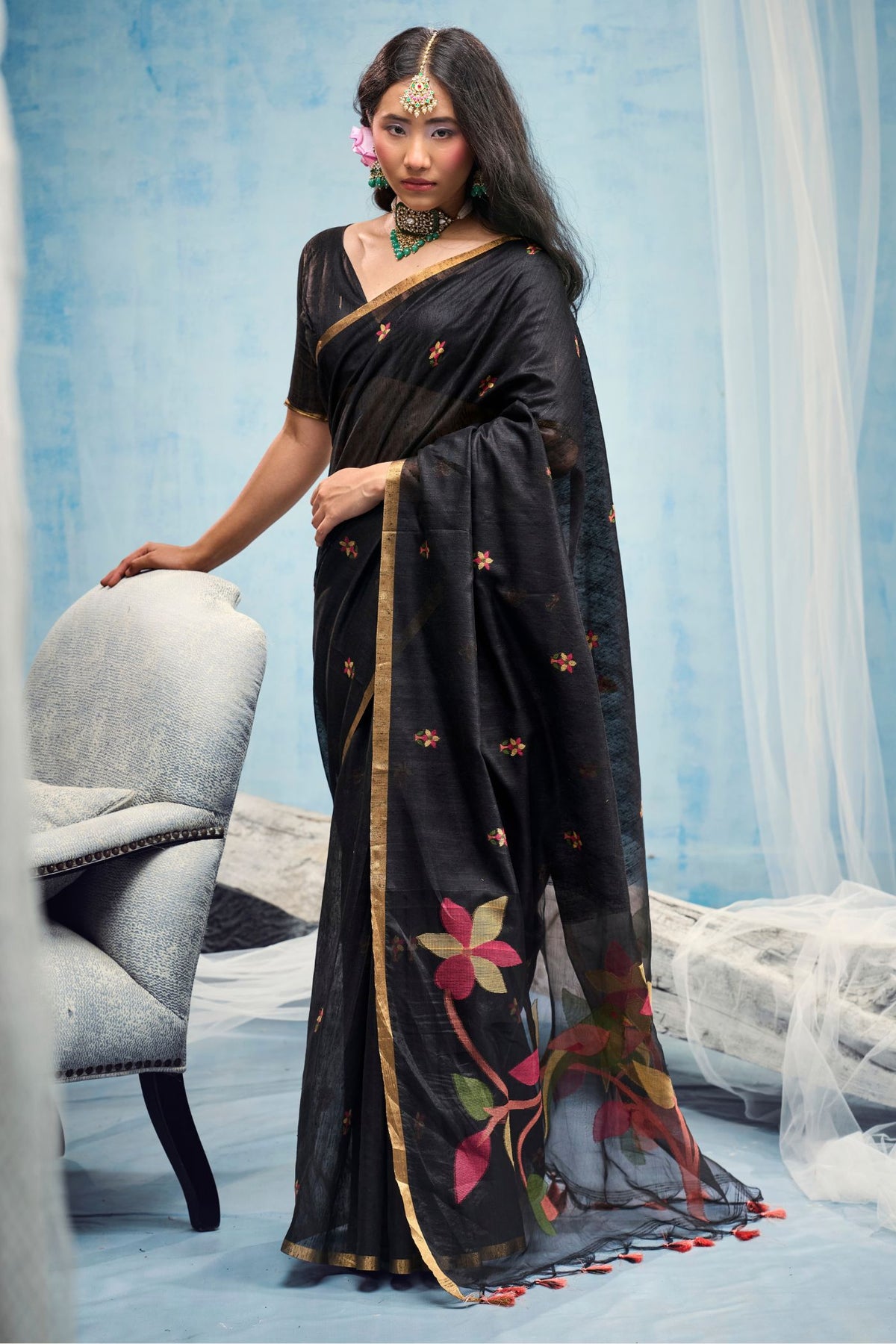 Buy MySilkLove Slate Black Munga Handloom Silk Cotton Saree Online