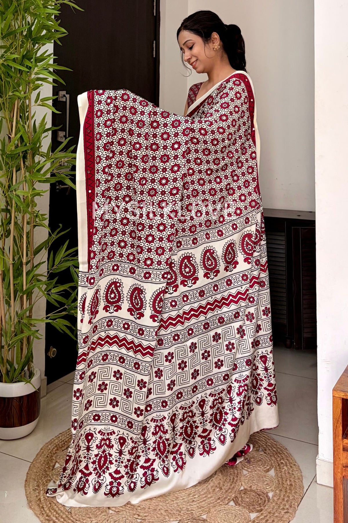 Buy MySilkLove Buttercream and Maroon Satin Printed Mirror Work Saree Online