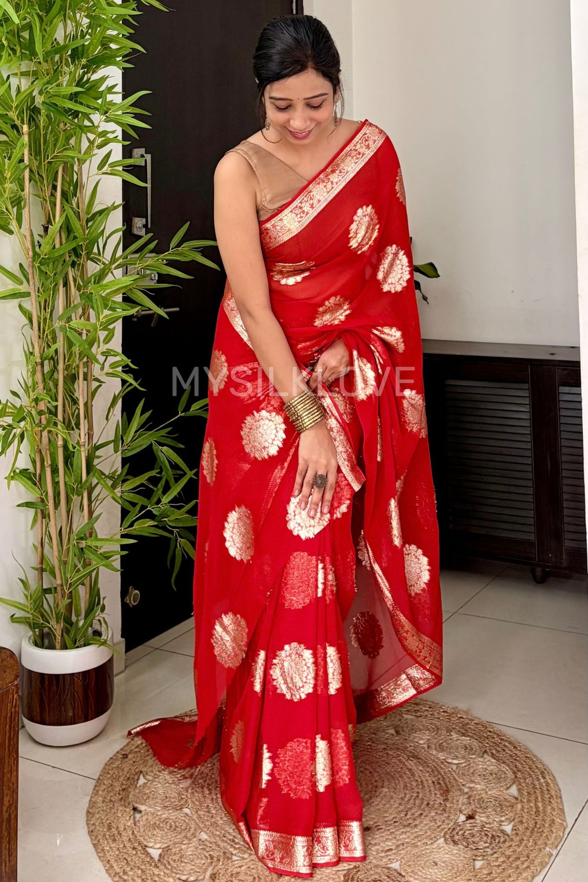 Buy MySilkLove Garnet Red Woven Georgette Silk Saree Online
