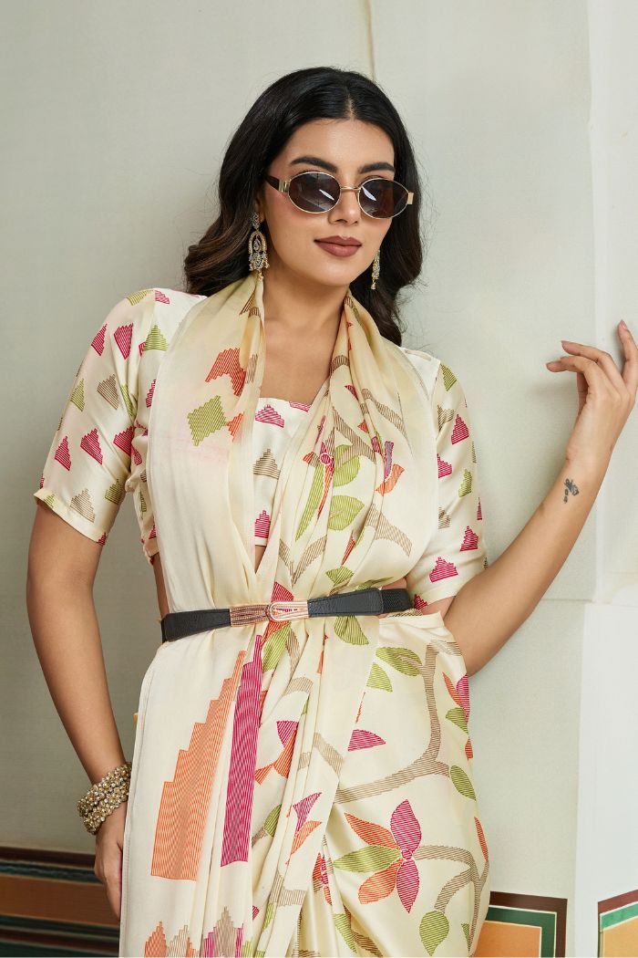 Buy MySilkLove Beige Modal Ajrakh Printed Satin Silk Saree Online