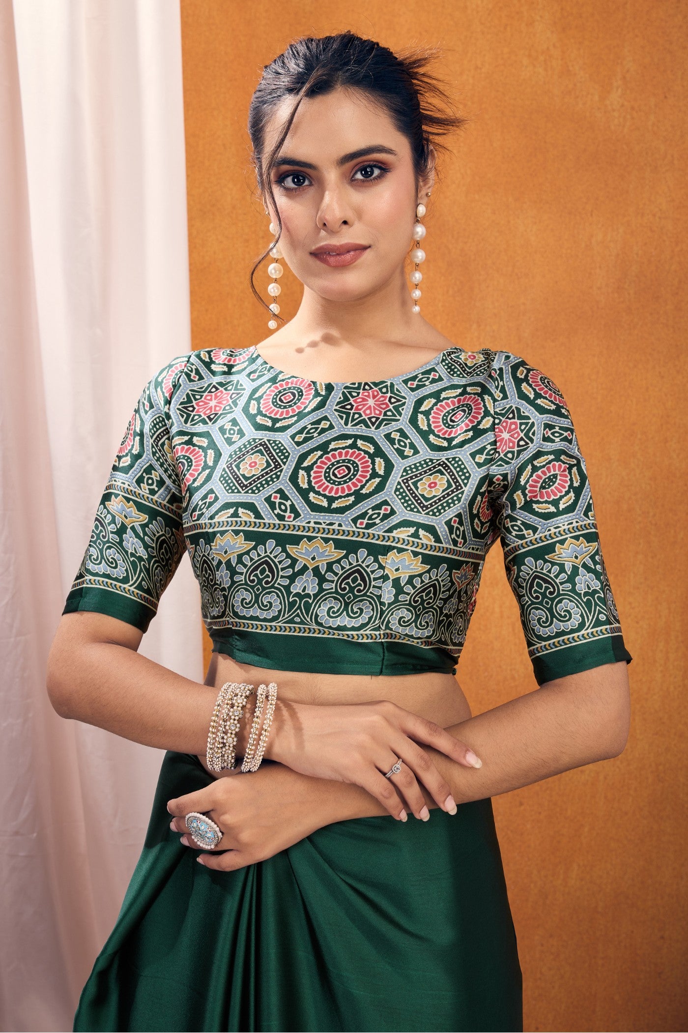 Buy MySilkLove Hellebores Green Ajrakh Printed Satin Crepe Silk Saree Online