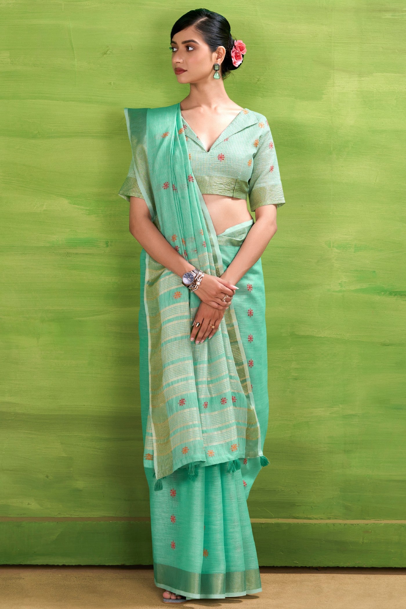Buy MySilkLove Bright Green Woven Linen Saree Online