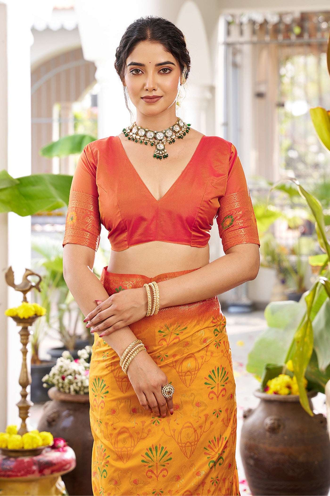 Buy MySilkLove Saffron Yellow Banarasi Woven Soft Silk Saree Online