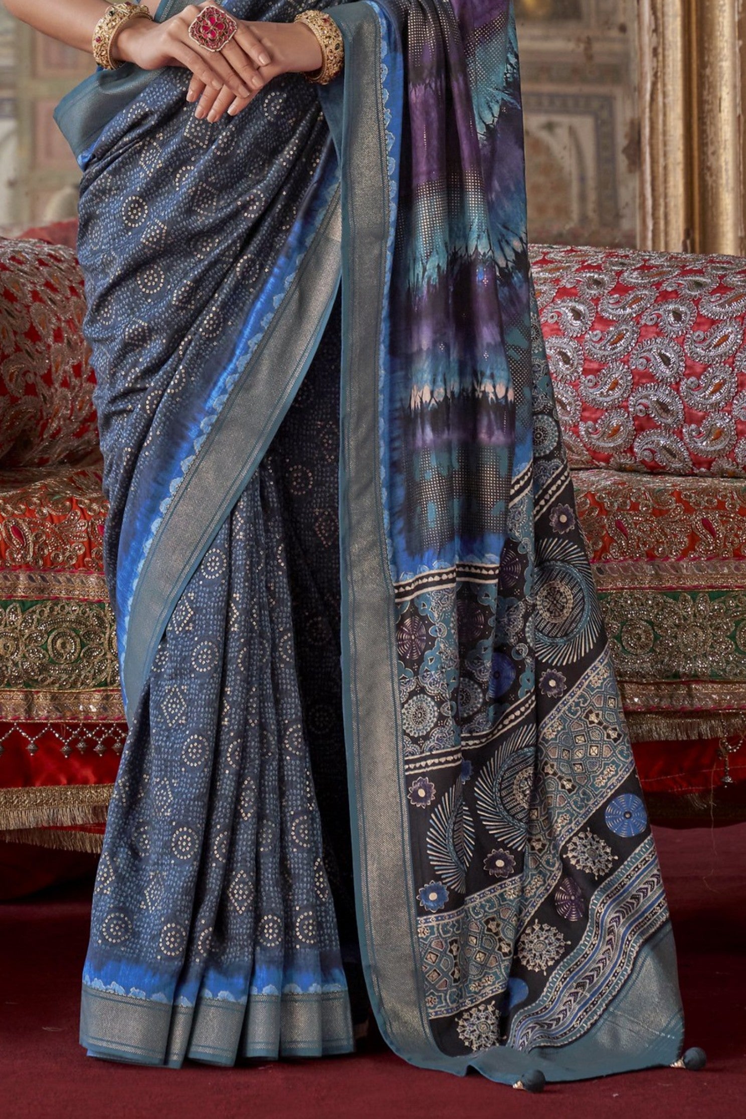 Buy MySilkLove Ocean Blue Printed Banarasi Saree Online