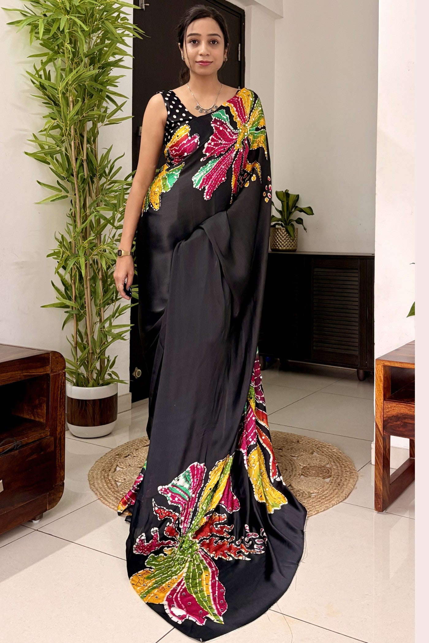 Buy MySilkLove Midnight Black Bloom Floral Mirror Work Satin Silk Saree Online