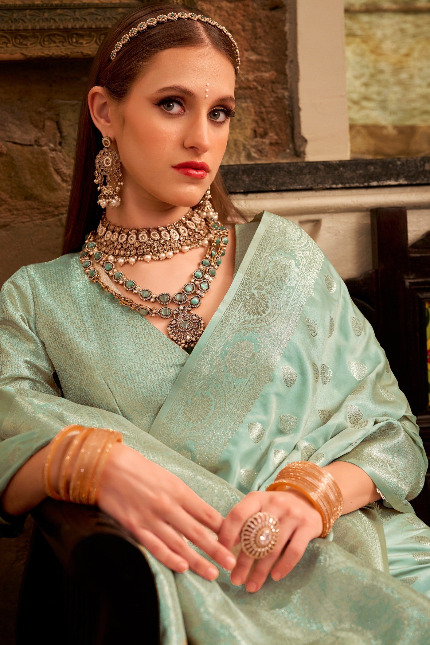 Buy MySilkLove Brighten Green Woven Banarasi Satin Soft Silk Saree Online