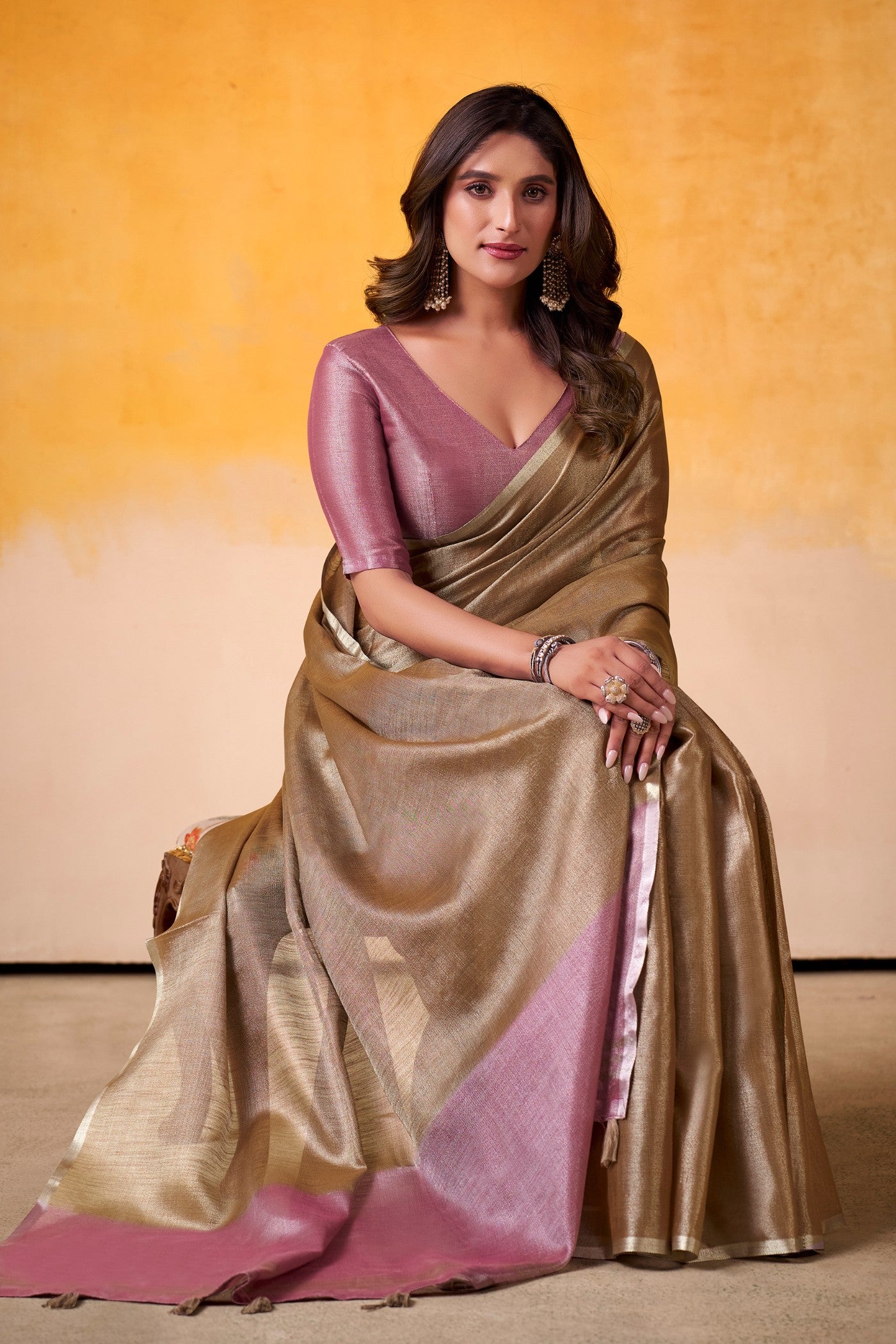Buy MySilkLove Fawn Brown and Pink Woven Tissue Silk Saree Online