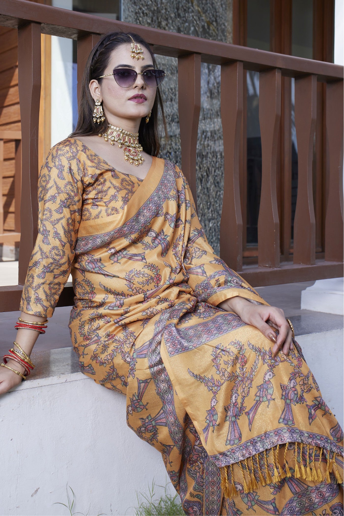 Buy MySilkLove Marigold Yellow Banarasi Digital Printed Saree Online