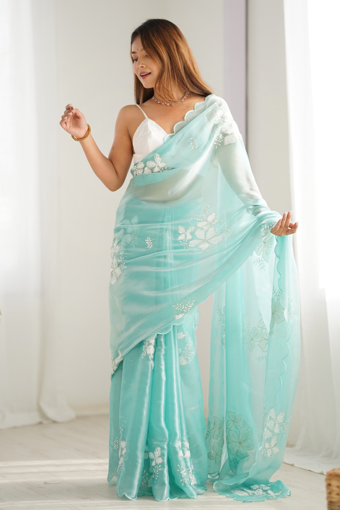 Buy MySilkLove Rainy Blue Floral Partywear Saree Online