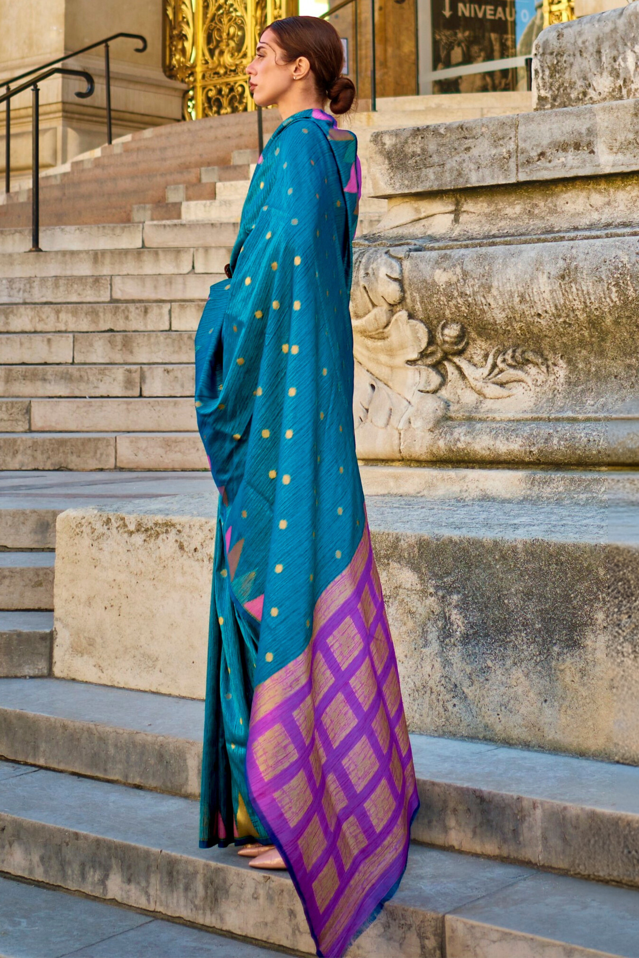 Buy MySilkLove Blue South Tussar Temple Border Silk Saree Online