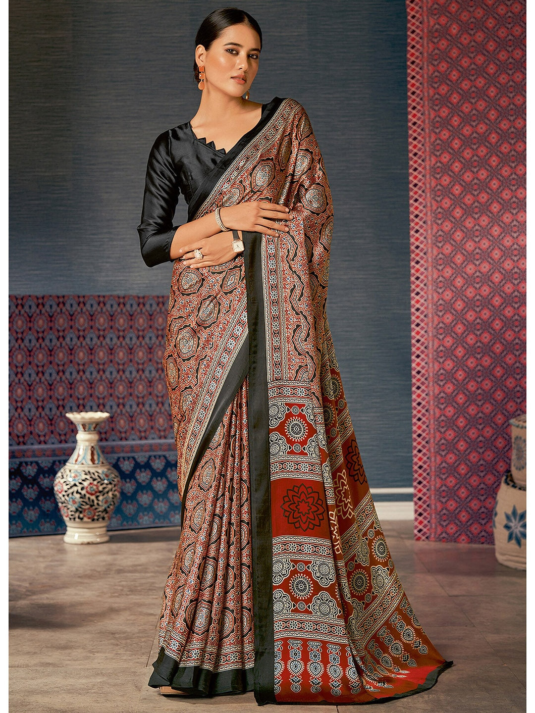 Buy MySilkLove Chocolate Brown Digital Printed Ajrakh Satin Crepe Saree Online