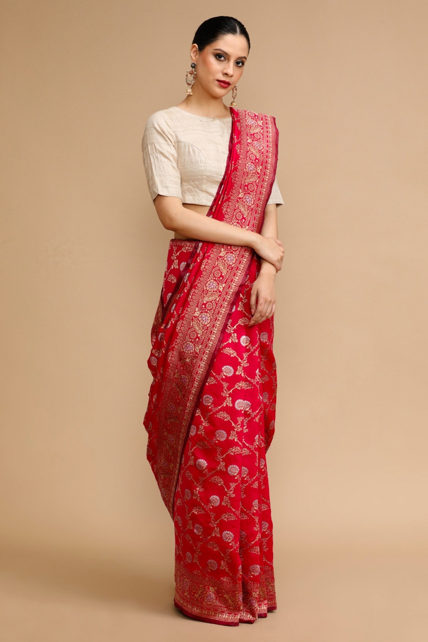 Buy MySilkLove Wine Red Woven Jacquard Lichi Silk Saree Online