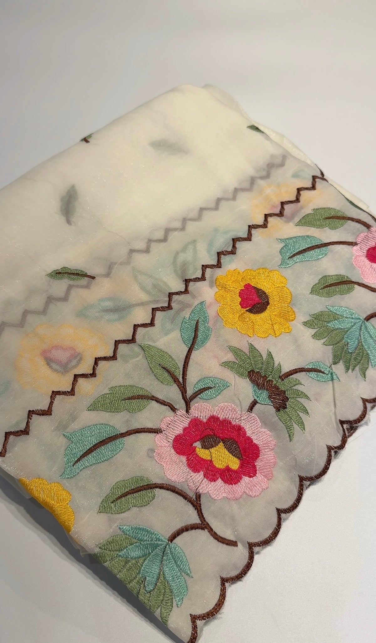 Buy MySilkLove Cornsilk Yellow Floral Embroidery Crunchy Chiffon Saree Online