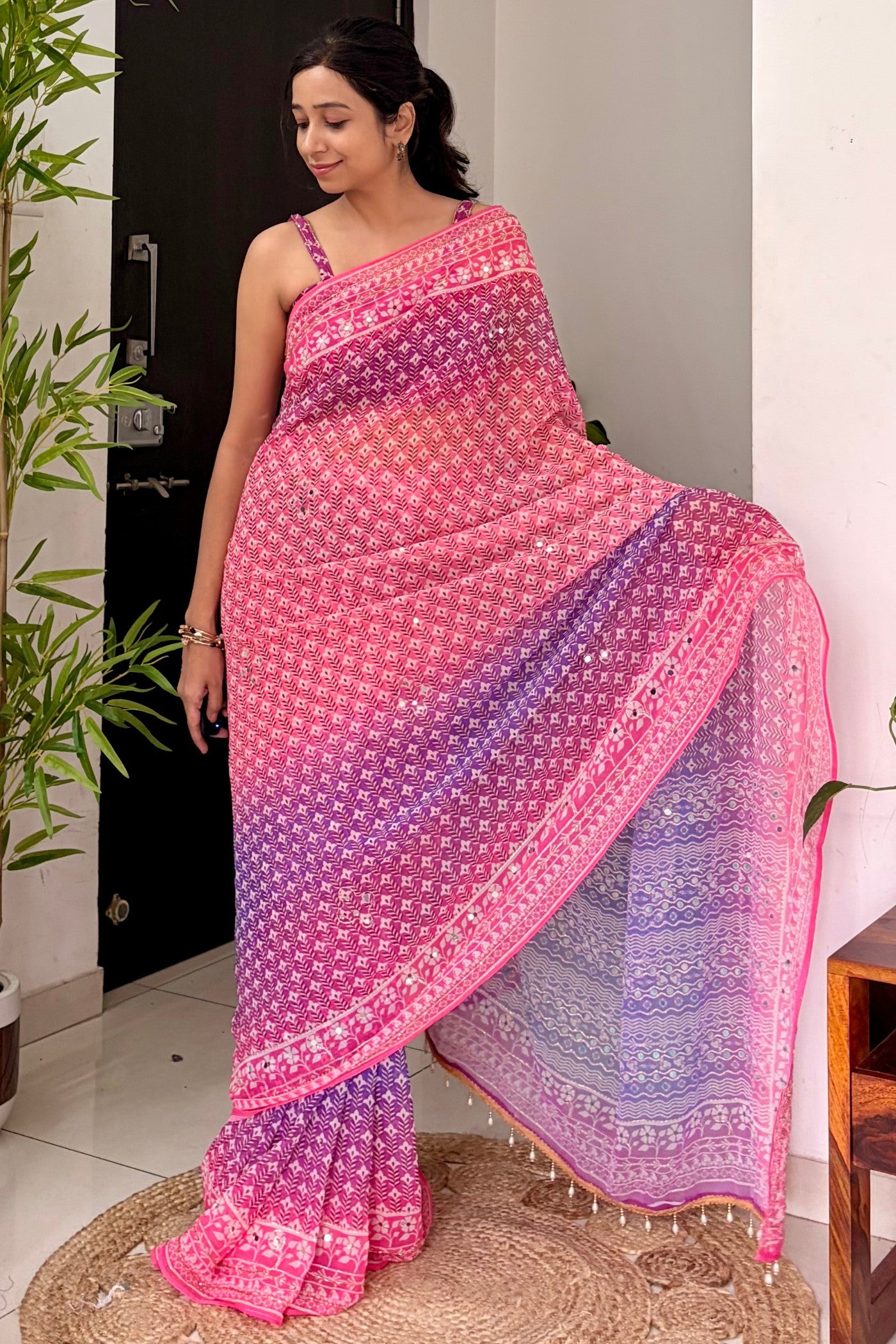 Buy MySilkLove Kareena Kapoor Inspired: Pink Ajrakh Georgette Mirror Work Saree Online