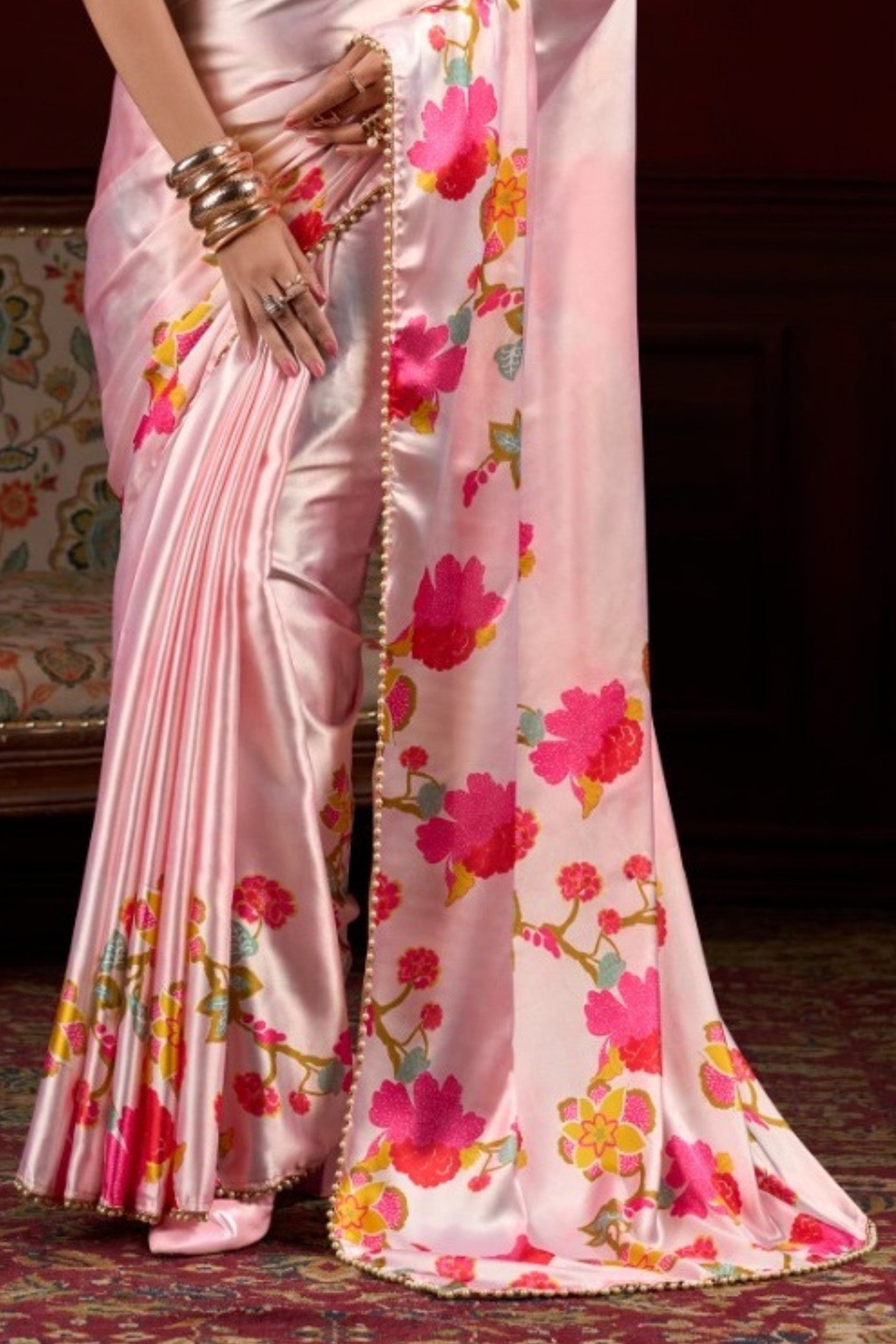 Buy MySilkLove Malibu Peach Floral Printed Satin Silk Saree Online