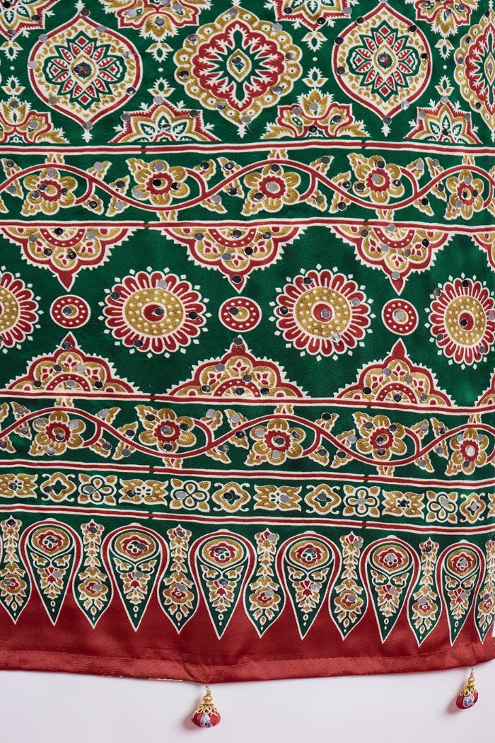Buy MySilkLove Bottle Green Modal Ajrakh Satin Printed Mirror Work Saree Online