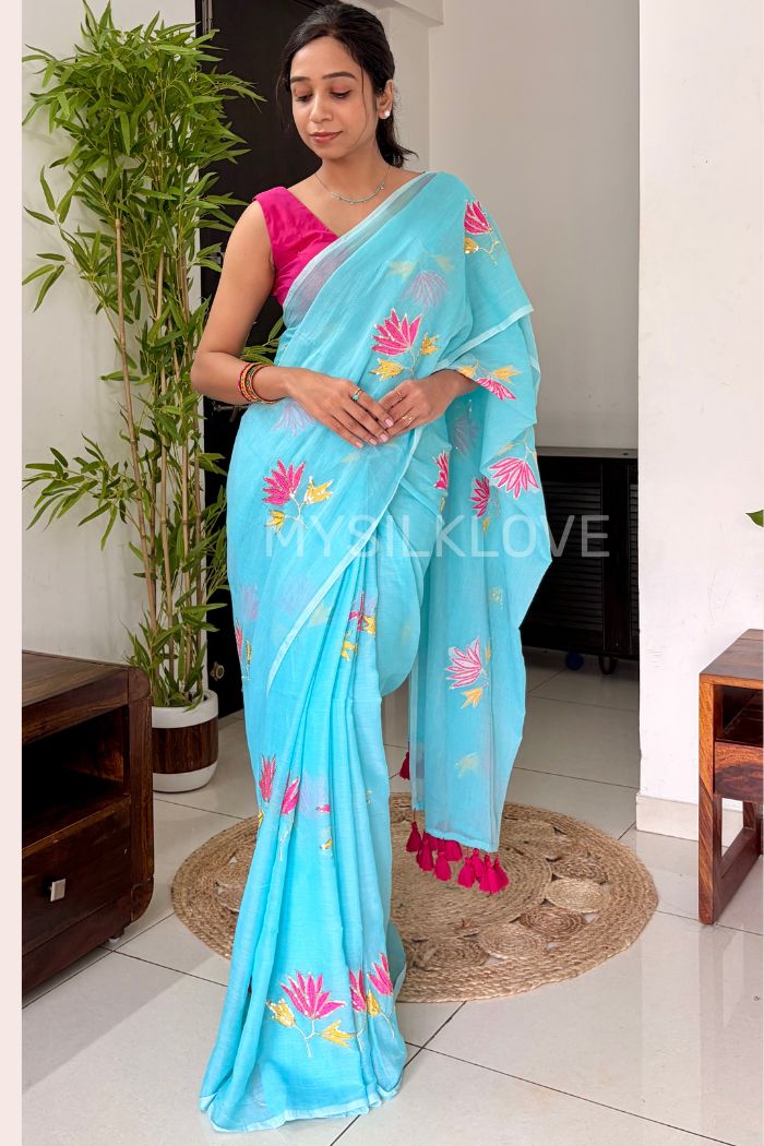 Buy MySilkLove Ocean Blue Pure Mul Mul Cotton Lotus Sequin Work Saree Online