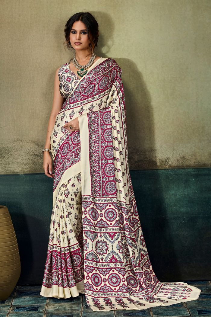 Buy MySilkLove Windsor Cream Modal Ajrakh Satin Printed Silk Saree Online
