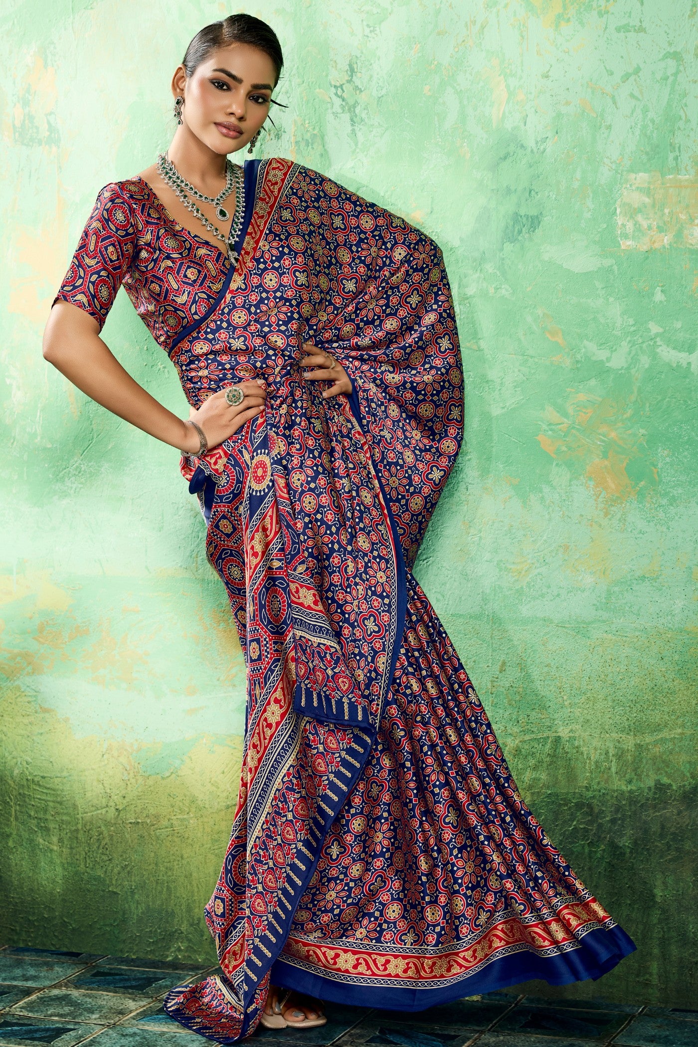 Buy MySilkLove Crystal Blue Modal Ajrakh Satin Printed Silk Saree Online