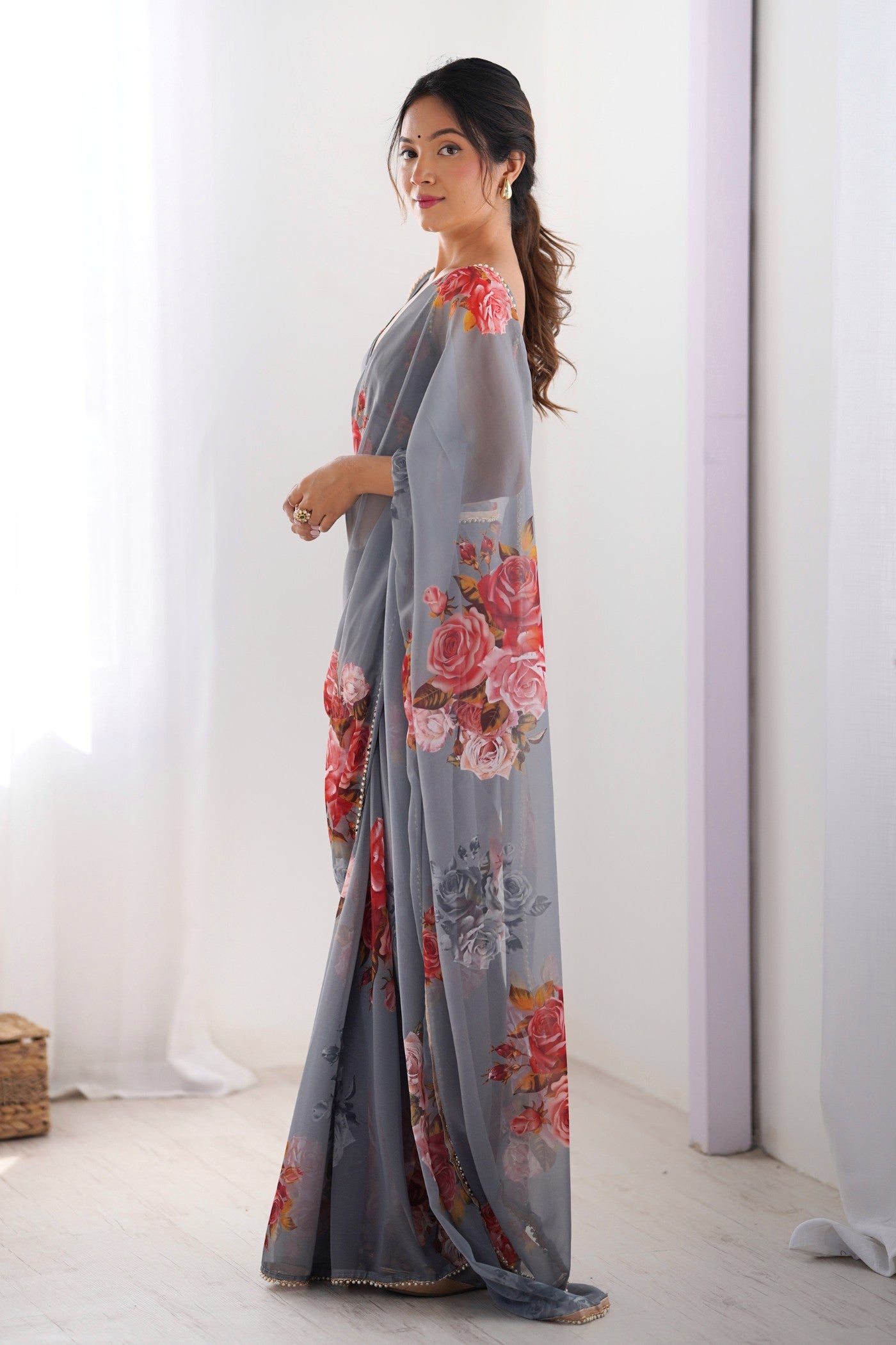 Buy MySilkLove Shadows Grey Printed Georgette Saree Online