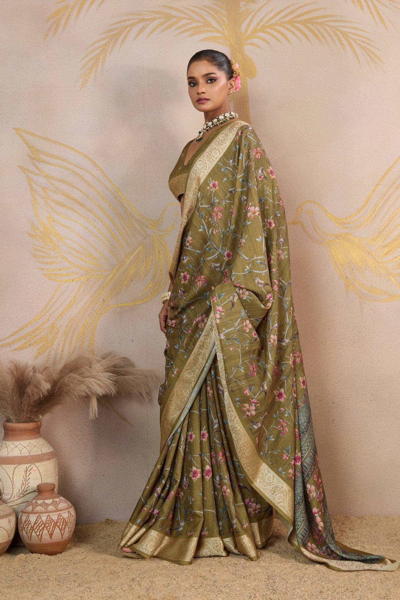Buy MySilkLove Opulent Green Viscose Digital Printed Saree Online