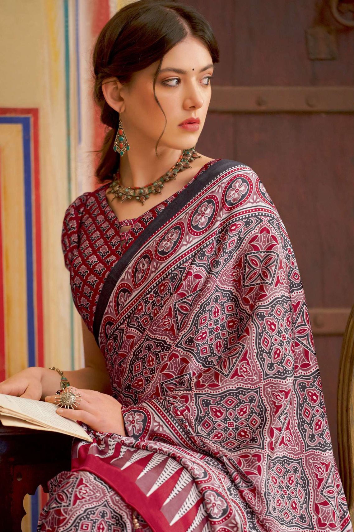 Buy MySilkLove Stiletto Maroon Ajrakh Printed Satin Crepe Saree Online