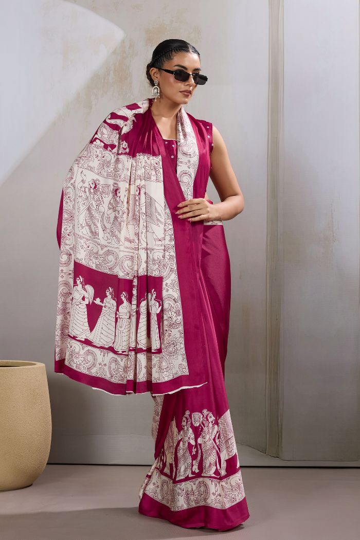 Buy MySilkLove Cherry Maroon Modal Ajrakh Printed Satin Silk Saree Online