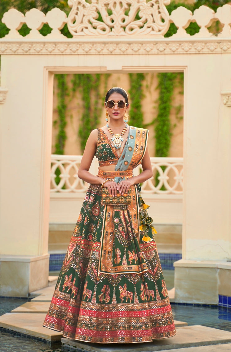 Buy MySilkLove Mist Green Woven Lehenga Choli With Heavy Embroidery Work Online