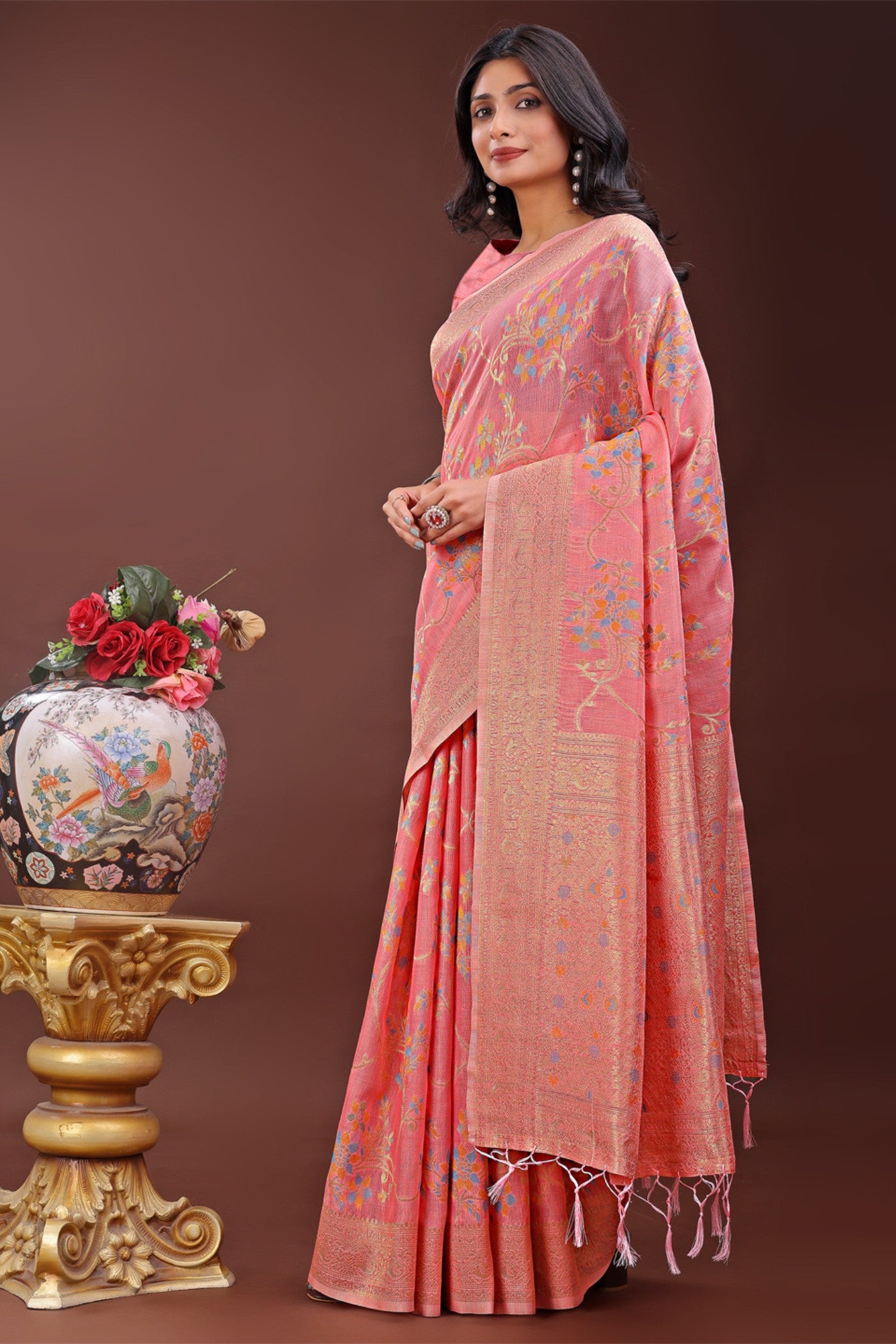Buy MySilkLove Dusky Peach Linen Cotton Saree Online