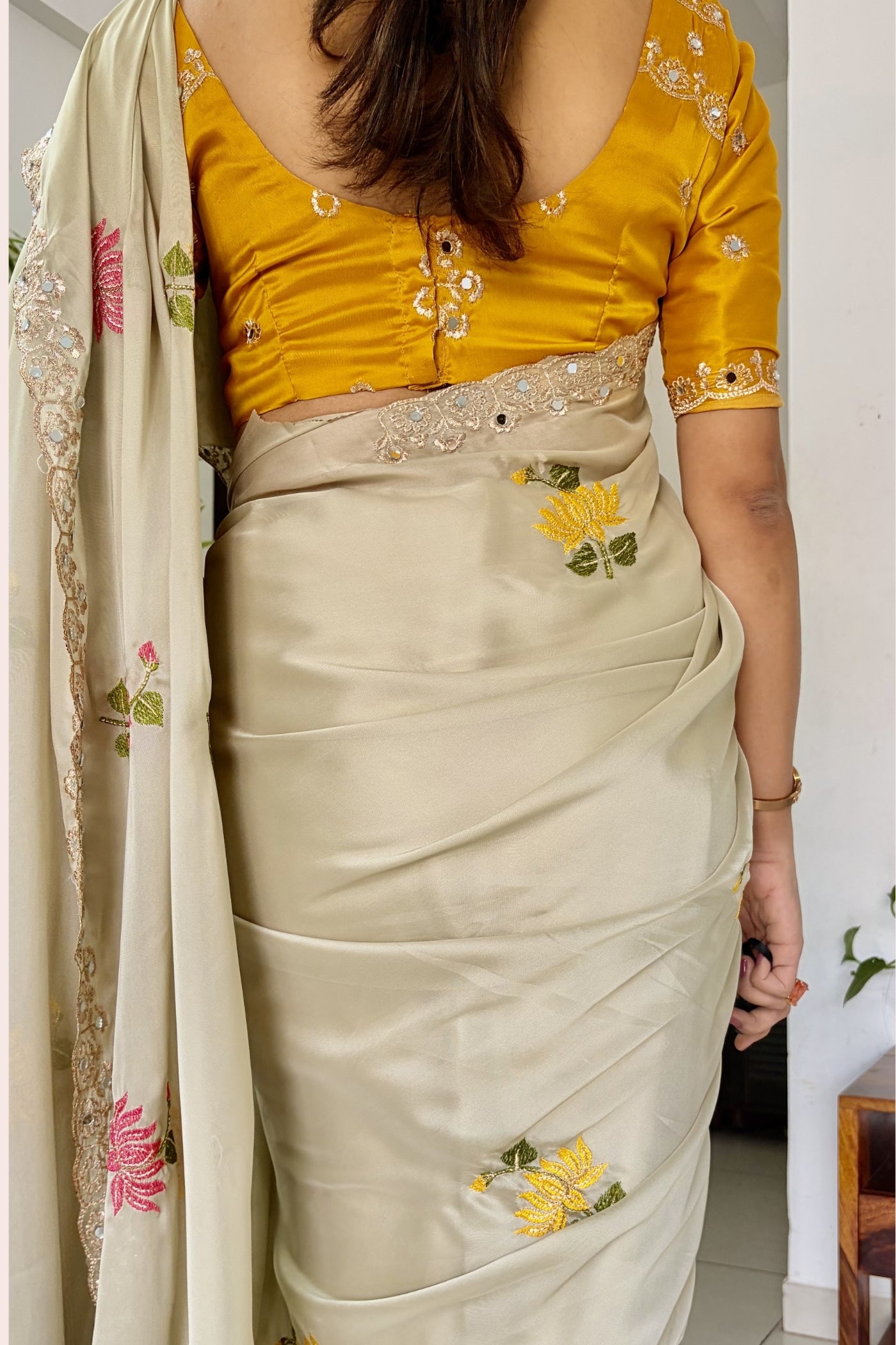 Buy MySilkLove Dutch Cream and Yellow Embroidery Chiffon Floral Saree Online