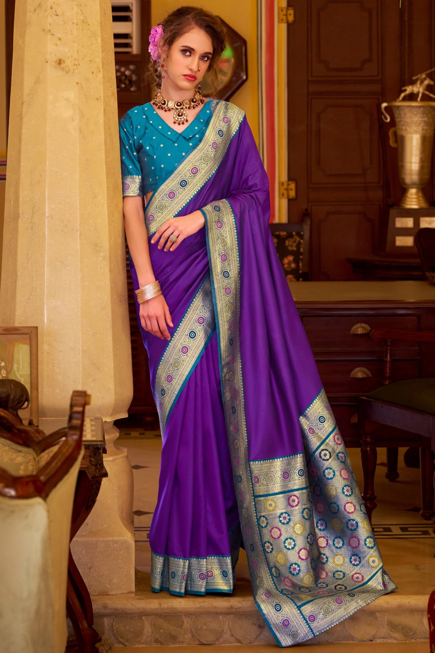 Buy MySilkLove Autumn Purple Woven Banarasi Soft Silk Saree Online