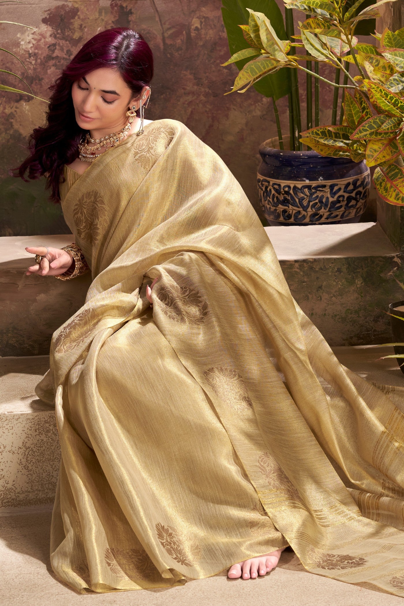 Buy MySilkLove Windstor Cream Woven Tissue Saree Online