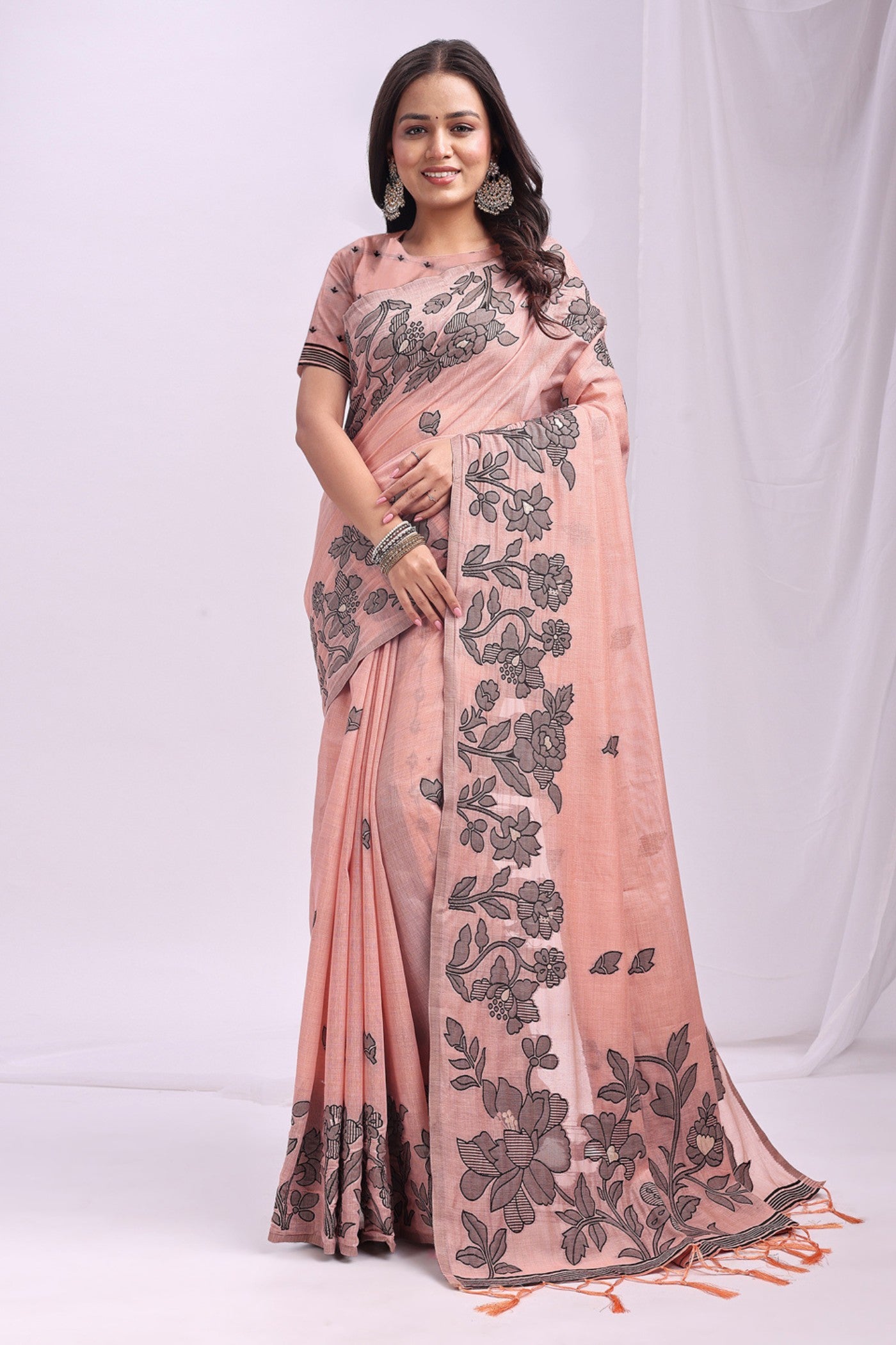 Buy MySilkLove Pum Peach Woven Linen Cotton Saree Online