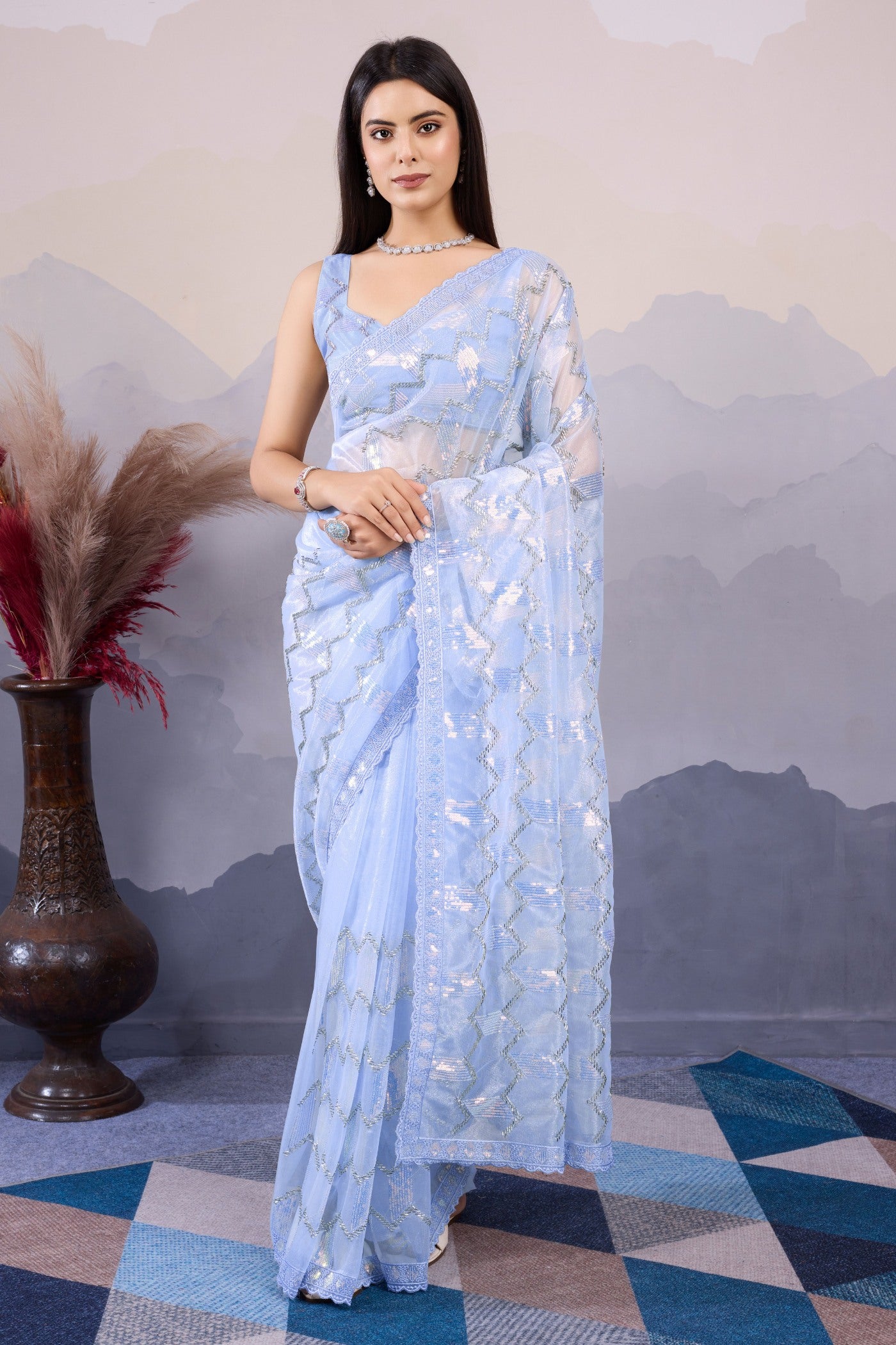 Buy Clematis Blue Designer Partywear Saree Online MySilkLove