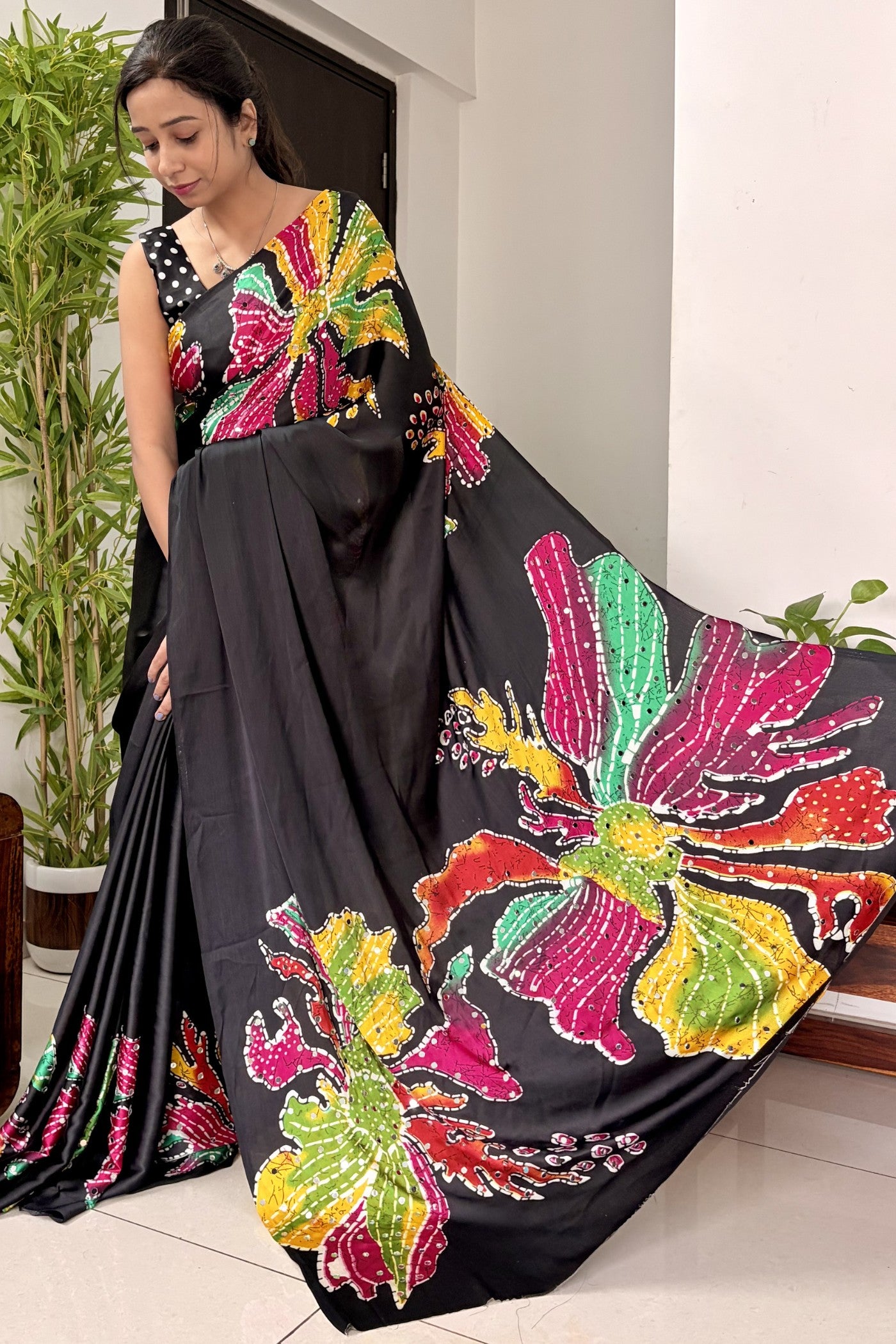 Buy MySilkLove Midnight Black Bloom Floral Mirror Work Satin Silk Saree Online
