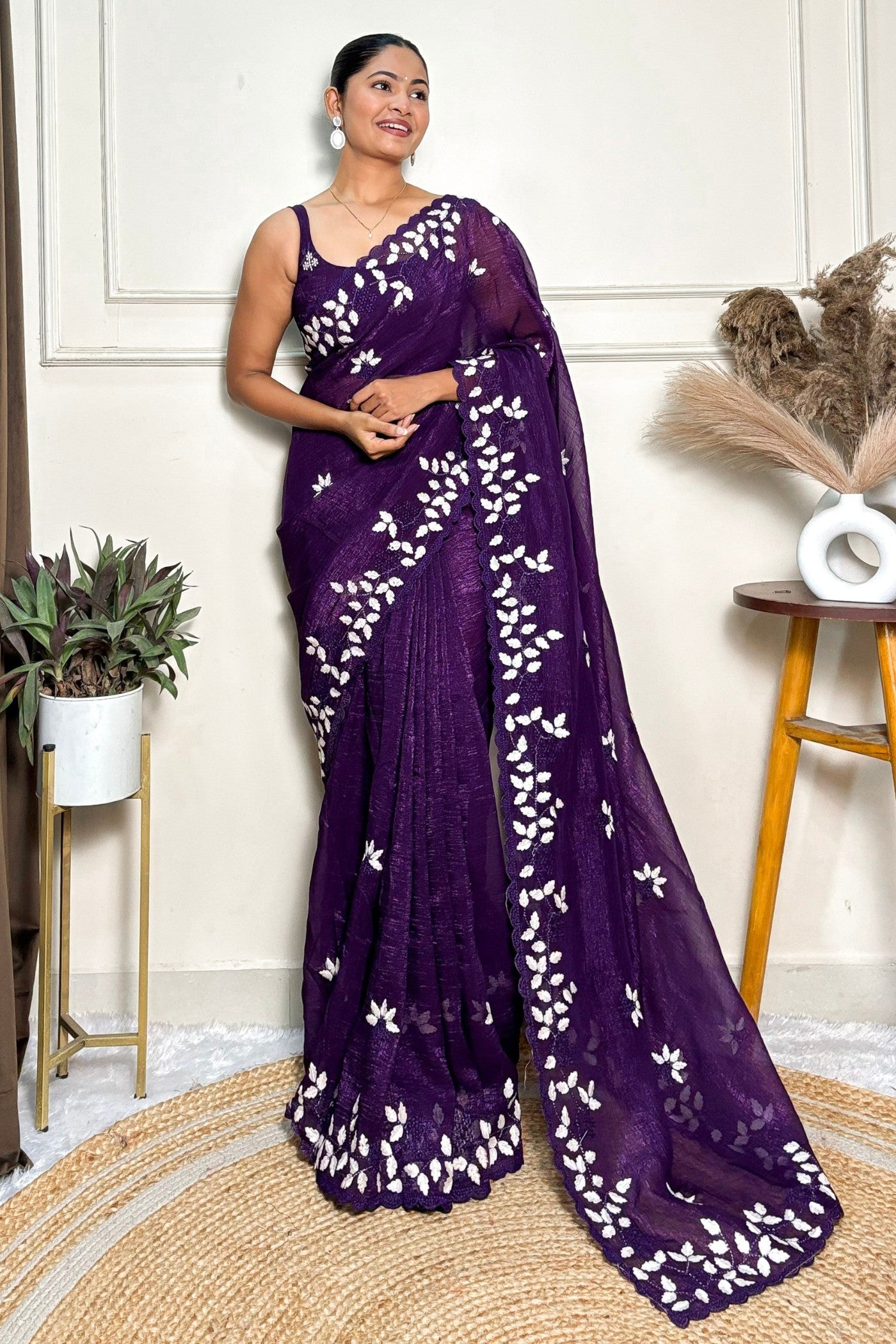 Buy MySilkLove Wine Purple Embroidery Partywear Saree Online