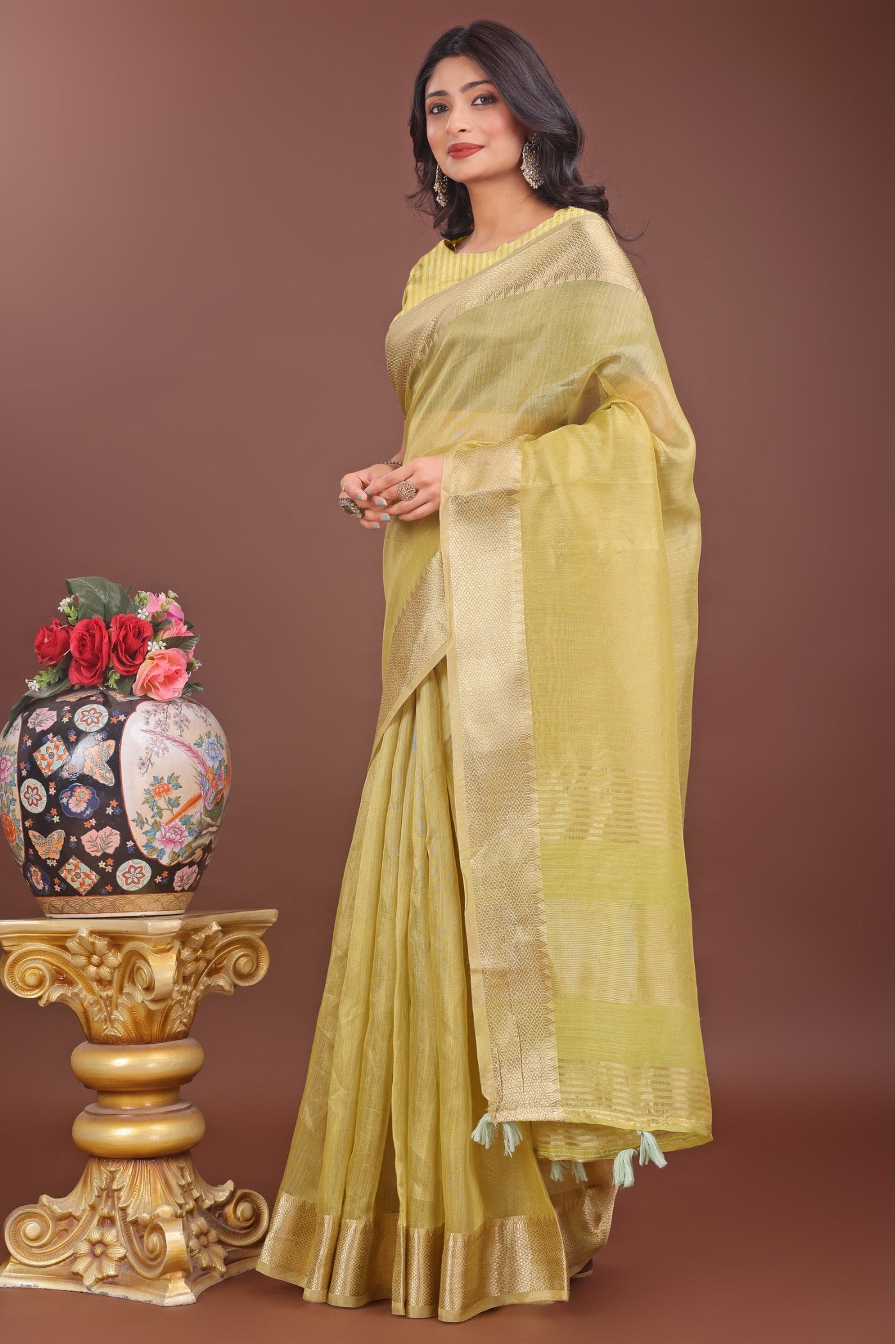 Buy MySilkLove Lemon Yellow Woven Organza Saree Online