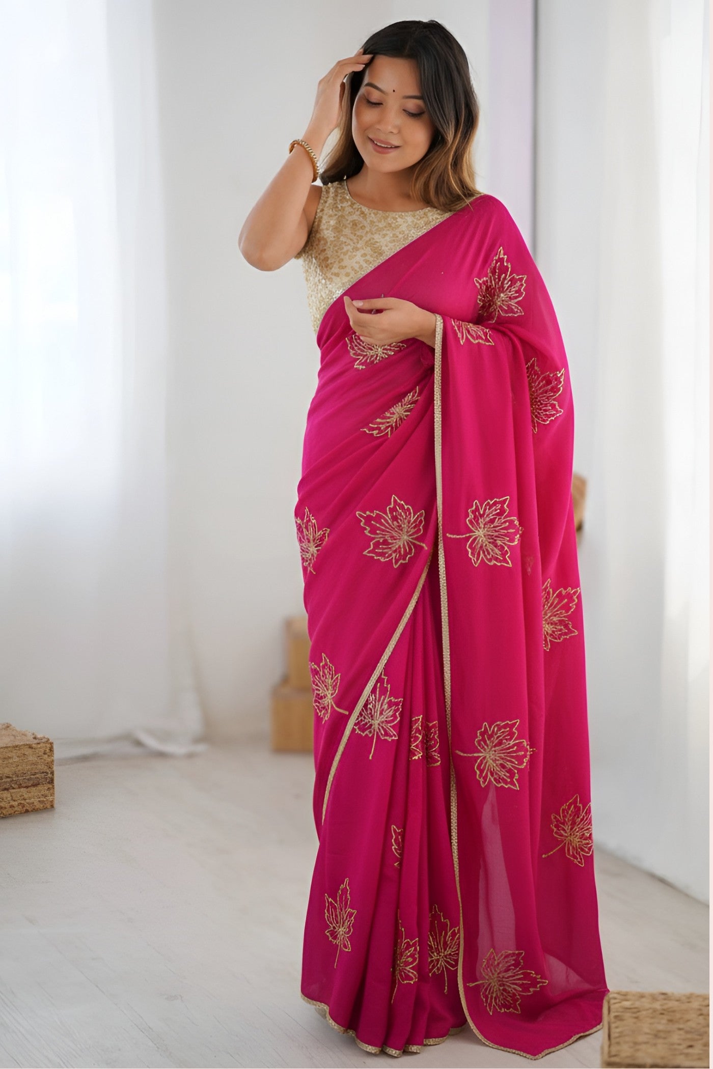 Buy MySilkLove Rose Pink Designer Embroidery Partywear Saree Online