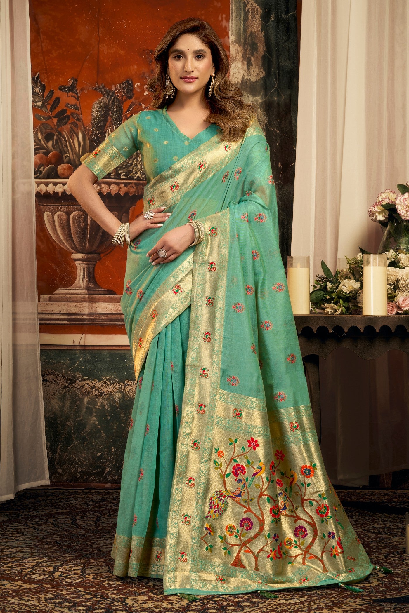 Buy MySilkLove Teal Green Zari Woven Paithani Saree Online