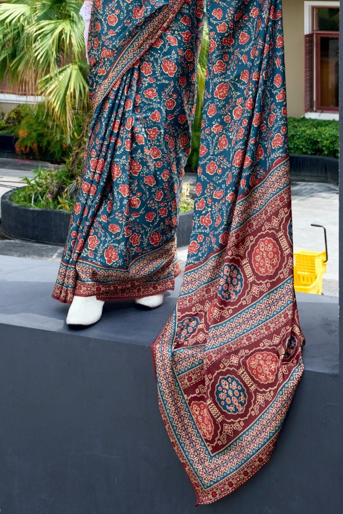 Buy MySilkLove Space Blue Ajrakh Printed Satin Crepe Silk Saree Online