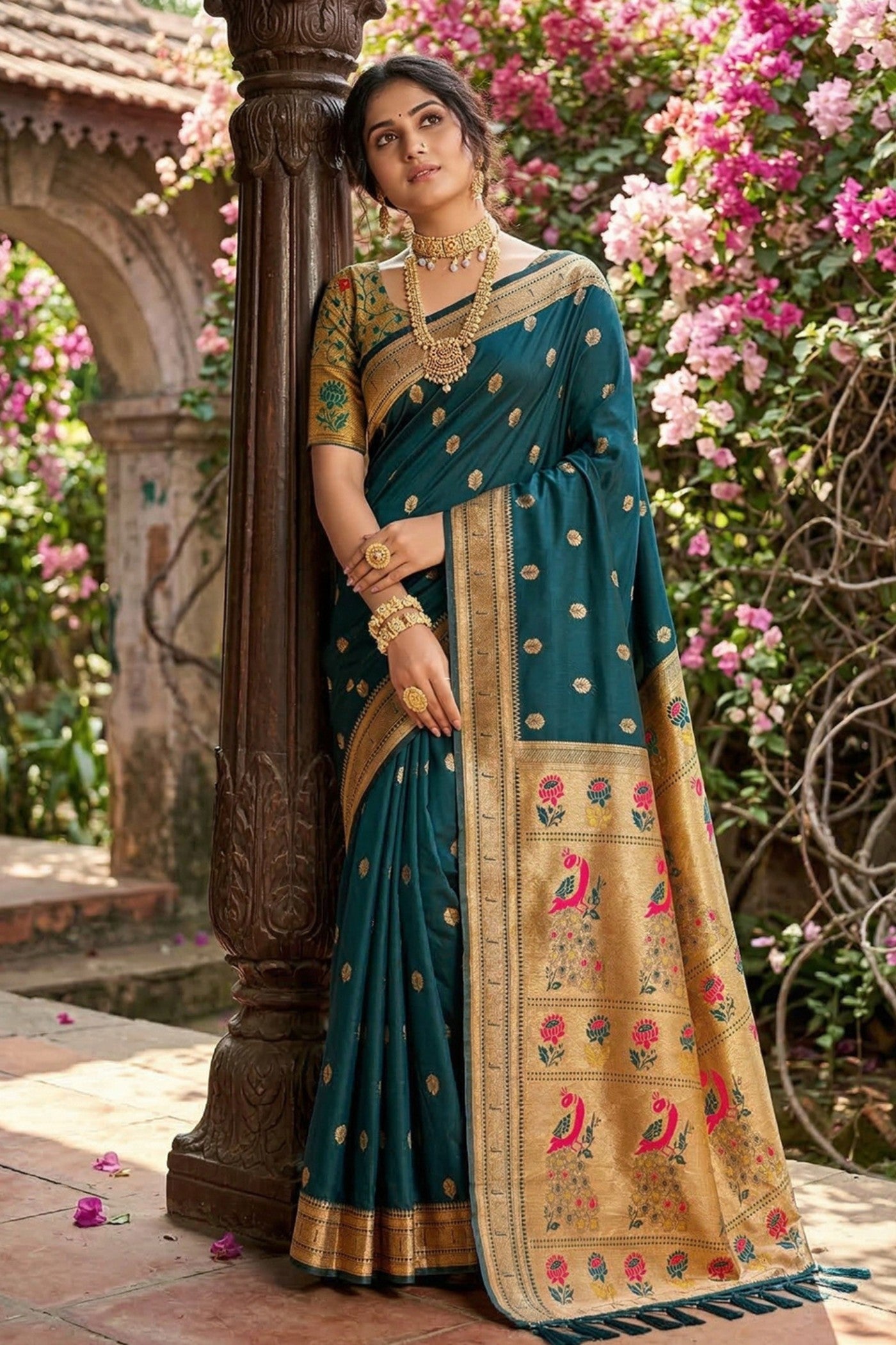 Buy MySilkLove Bottle Green Zari Woven Paithani Saree Online