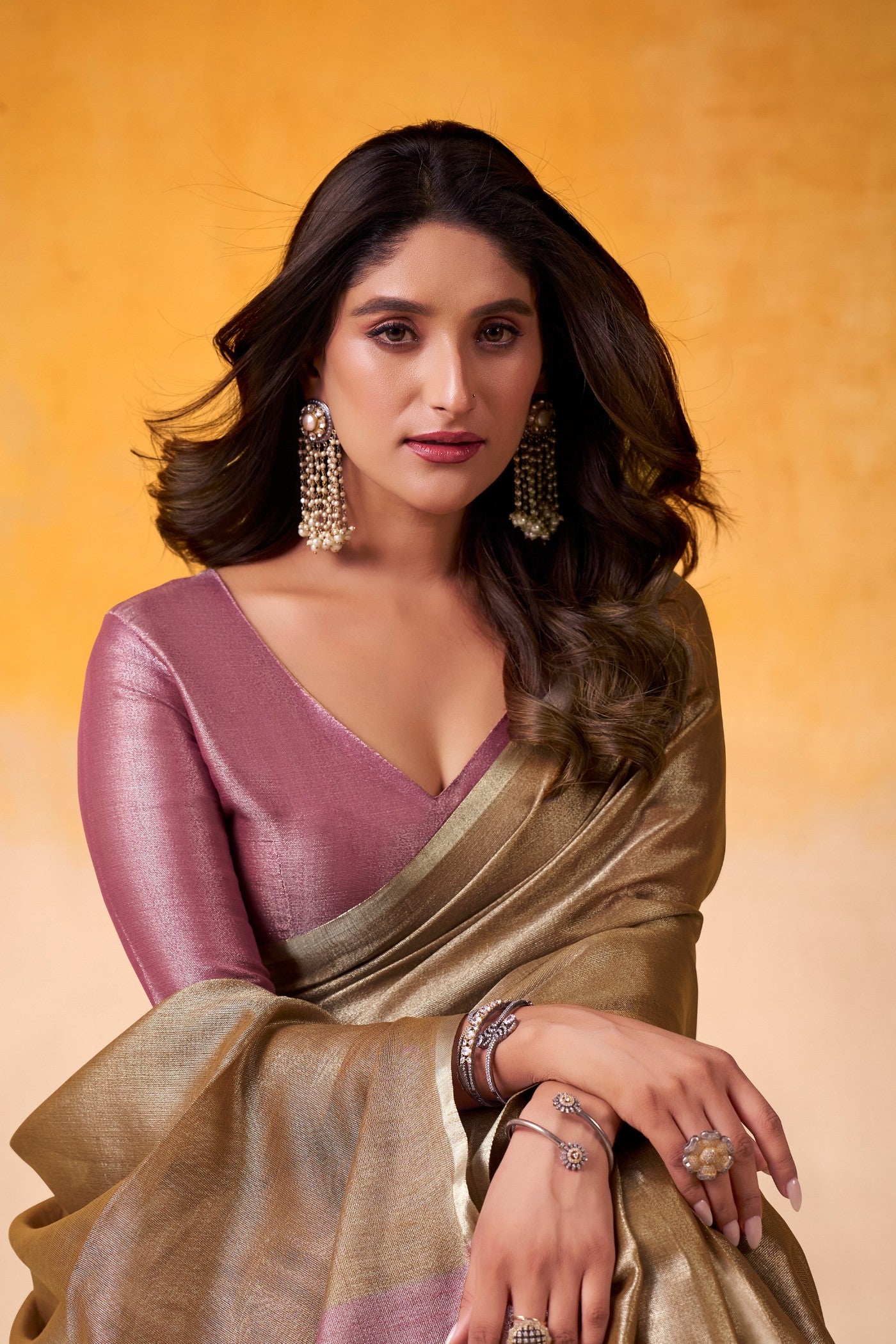 Buy MySilkLove Fawn Brown and Pink Woven Tissue Silk Saree Online