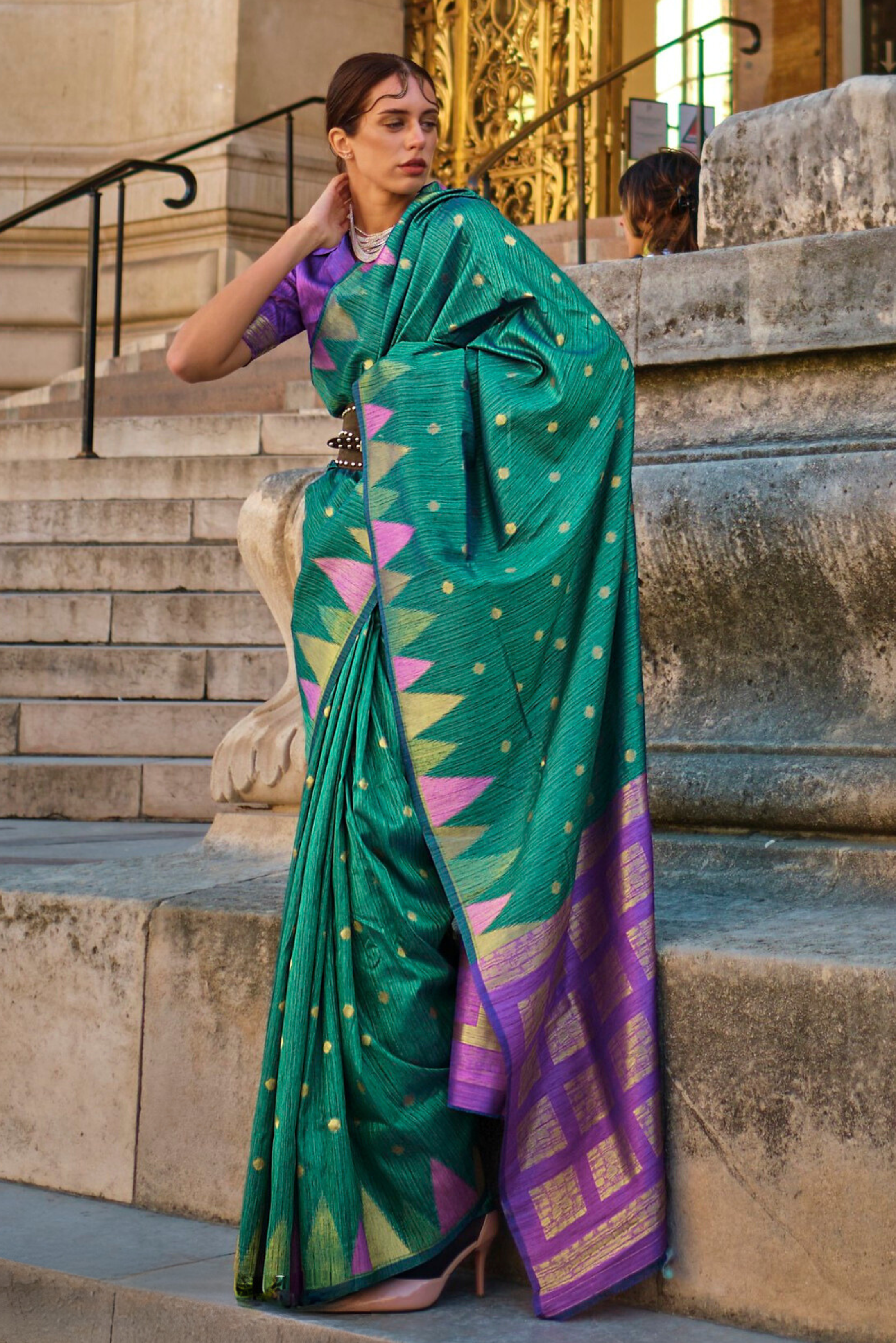 Buy MySilkLove Sea Green South Tussar Temple Border Silk Saree Online