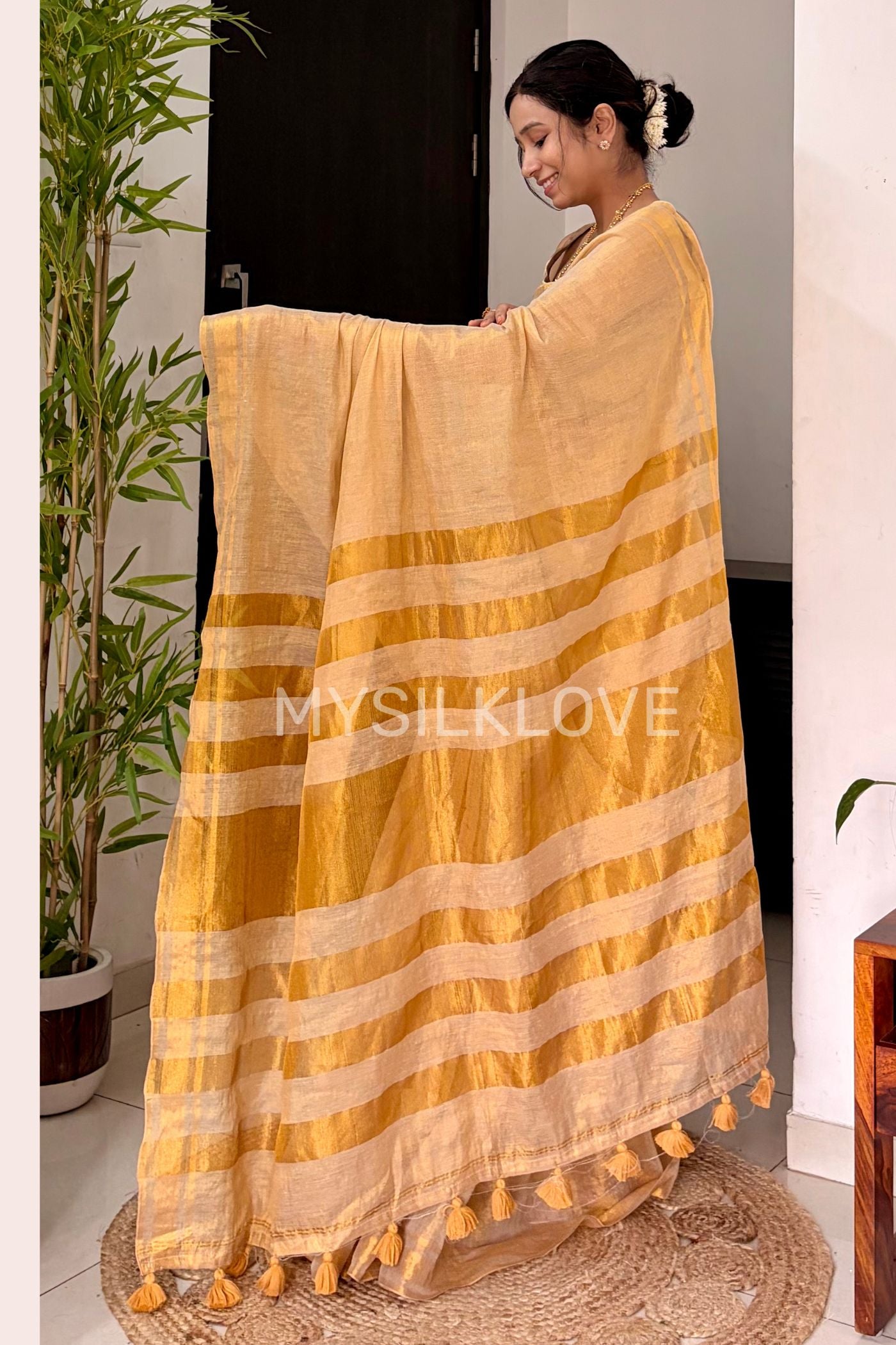 Buy MySilkLove Butter Cream Tissue Woven Silk Saree Online