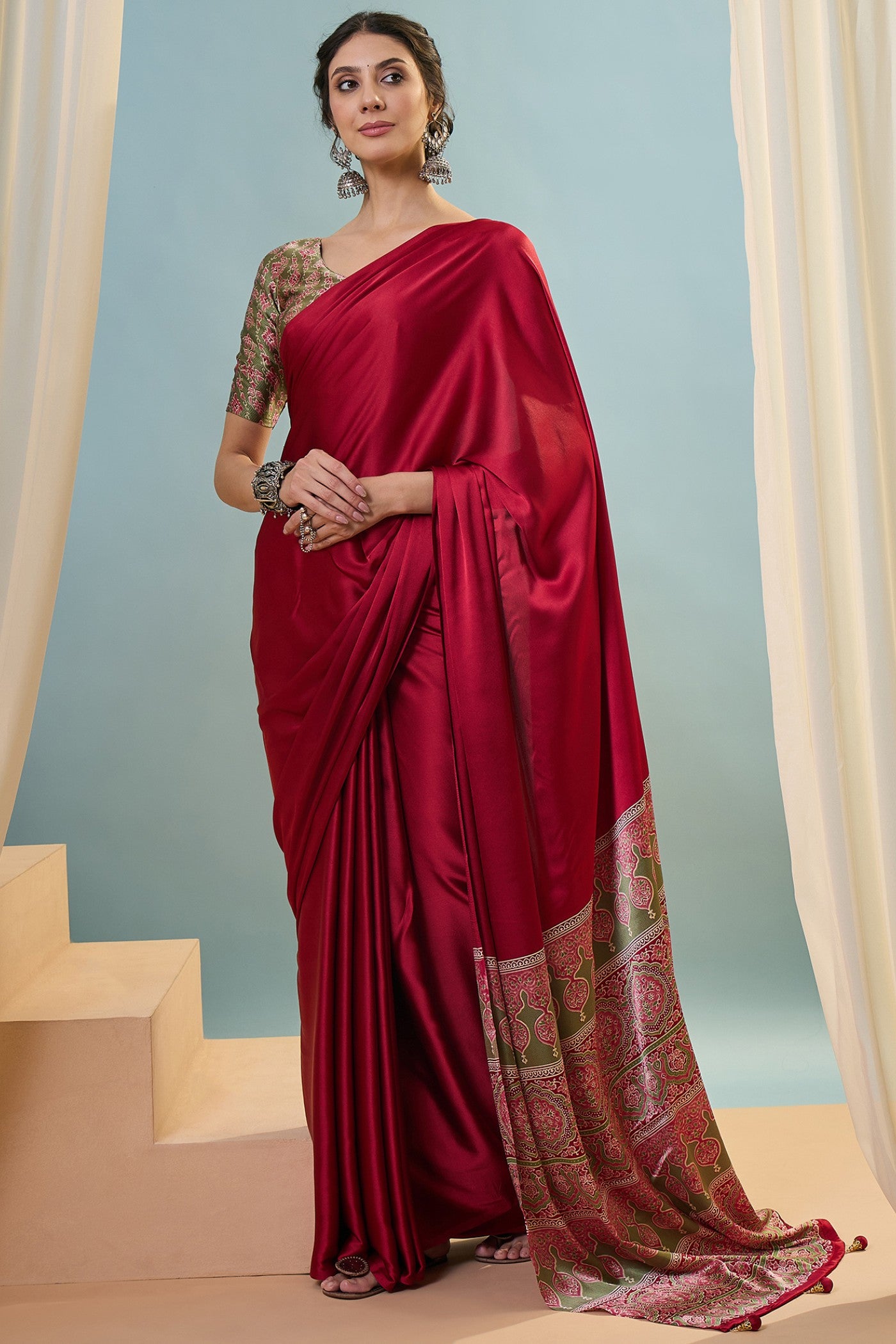 Buy MySilkLove Lumen Red Ajrakh Printed Satin Crepe Silk Saree Online