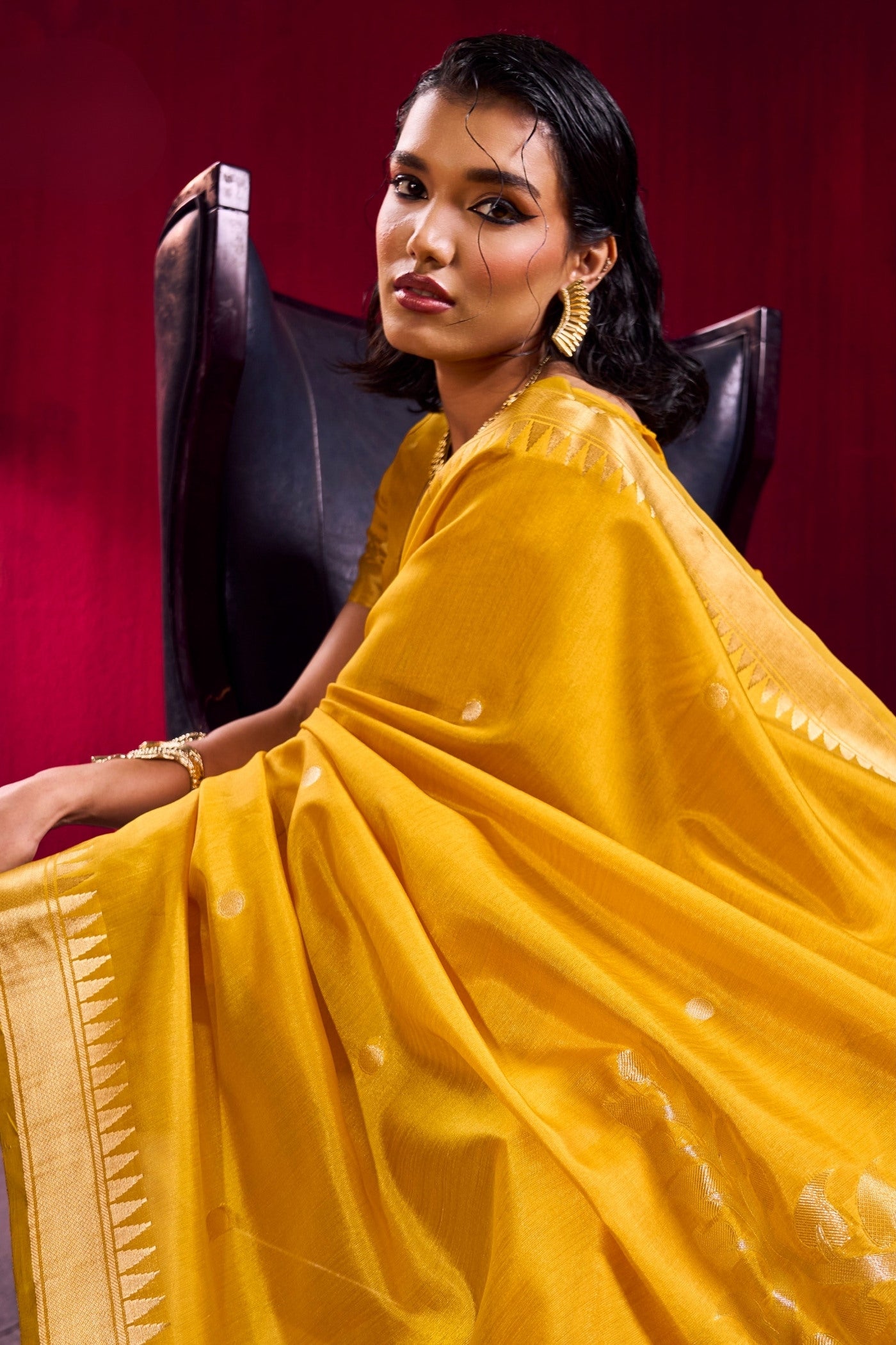 Buy MySilkLove Saffron Yellow Handloom Satin Linen Silk Saree Online