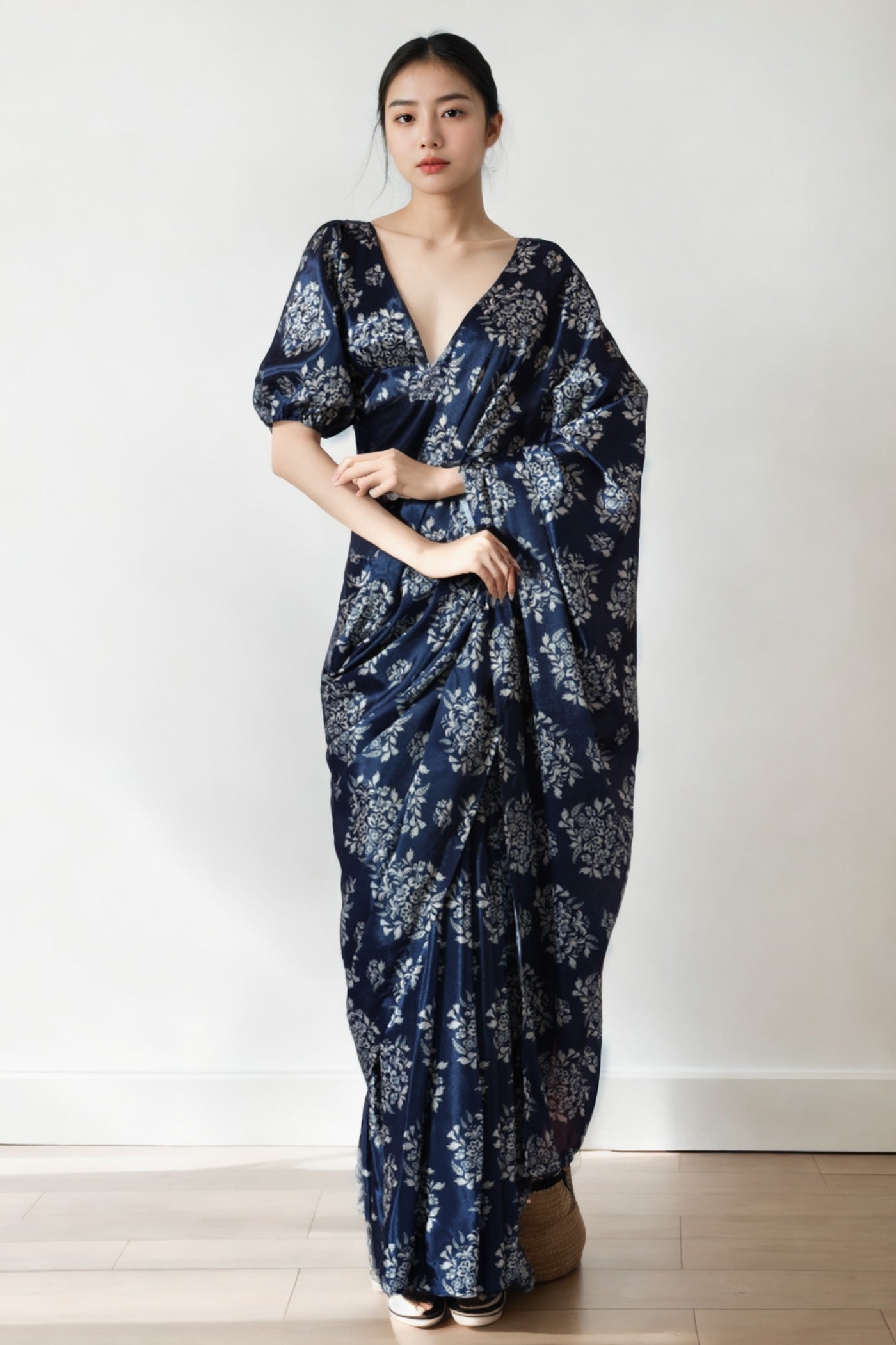 Buy MySilkLove Mulled Blue Chinon Digital Printed Ready To Wear Saree Online