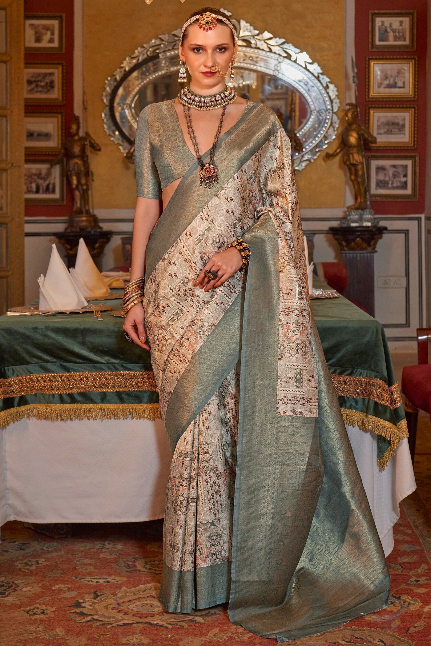 Buy MySilkLove Locust Cream and Grey Banarasi Digital Printed Saree Online
