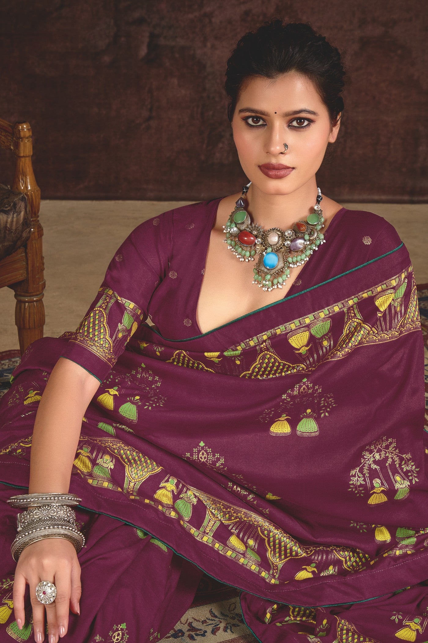 MySilkLove Berry Marron Tussar Rajwadi Printed Silk Saree